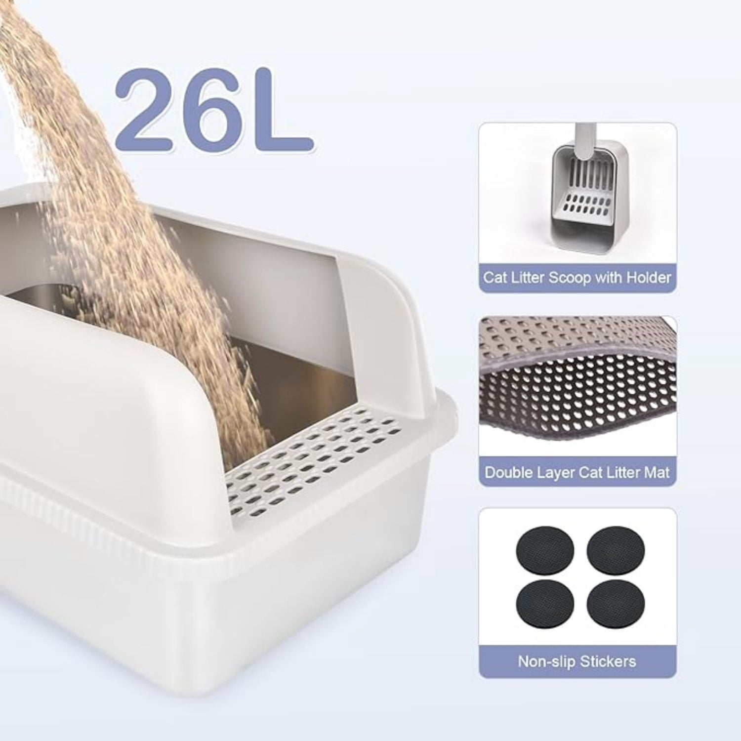 Stainless Steel Cat Litter Box with Lid, 20" L x 14.2" W x 11.8" H, Extra Large Litter Box for Big Cats with High Sided, Anti-Urine Leakage, Easy Cleaning, Include Cat Mat and Scoop