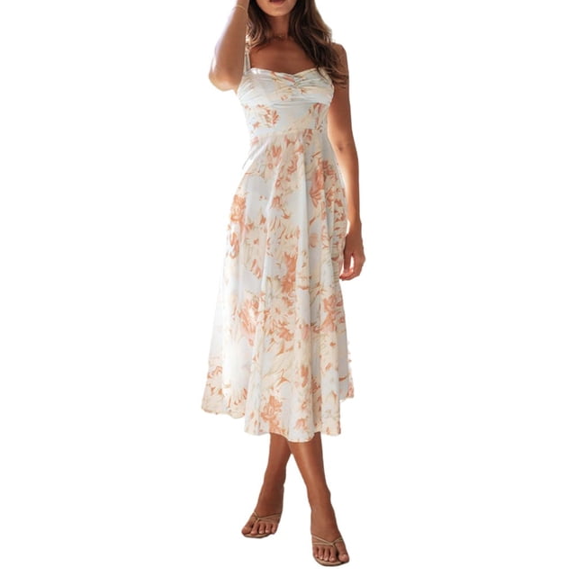 QJUHUNG Robe Longue Bustier à Col Carré Y2k pour Femmes Boho à Fleurs Sans Manches Fendue Ligne A Corset Robe Maxi Décolleté Plongeant Robe d'Été