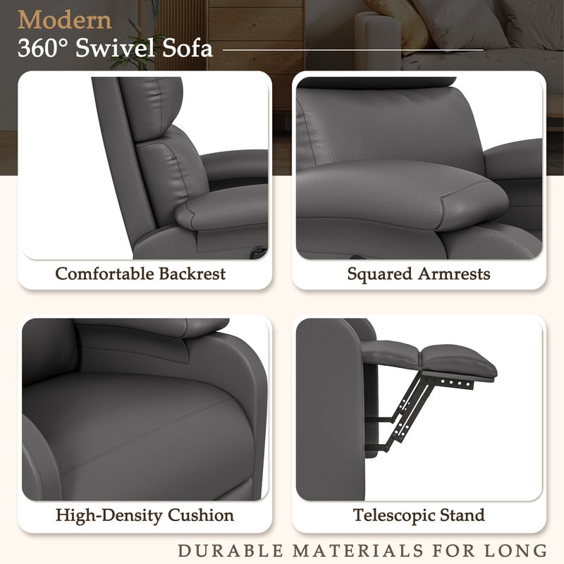 Homall 360° Massage Swivel Rocker Recliner Small Rocking PU Leather Chairs with Side Pockets for Small Spaces,Gray