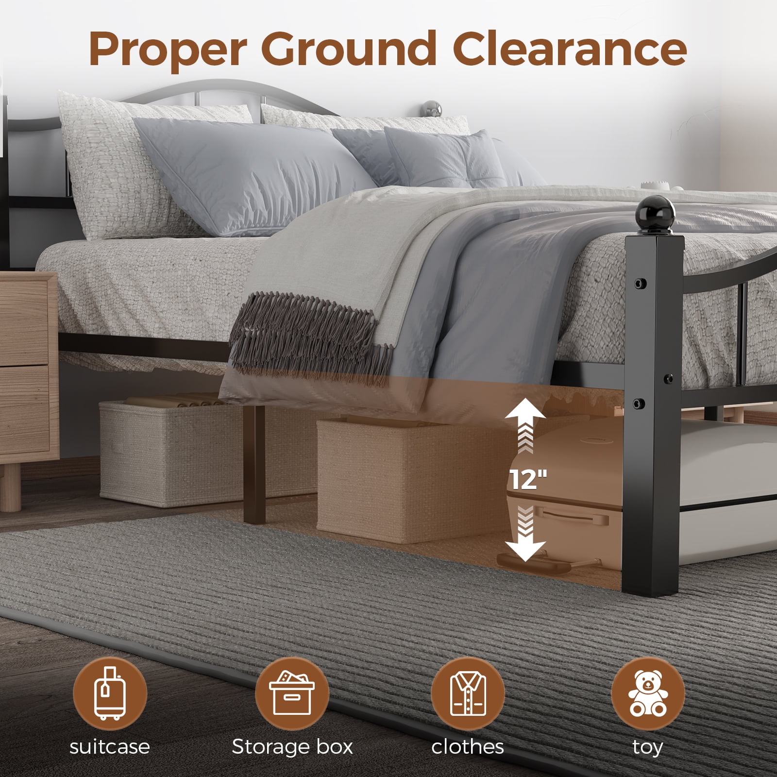 Metal Full Size Bed Frame, Noise-Free Design & Underbed Storage Heavy Duty Bed Frames with Headboard No Box Spring Needed/Tool-Free Assembly