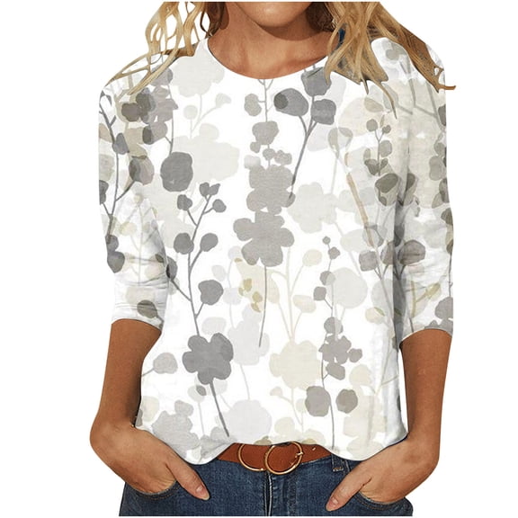 RXMEKW Womens Tops 3/4 Sleeve Loose Fit Womens Fashion Printed Loose T-Shirt Mid-Length 3/4 Sleeves Blouse Round Neck Casual Tops Womens 3/4 Sleeve Tops and Blouses Womens 3/4 Sleeve T Shirts