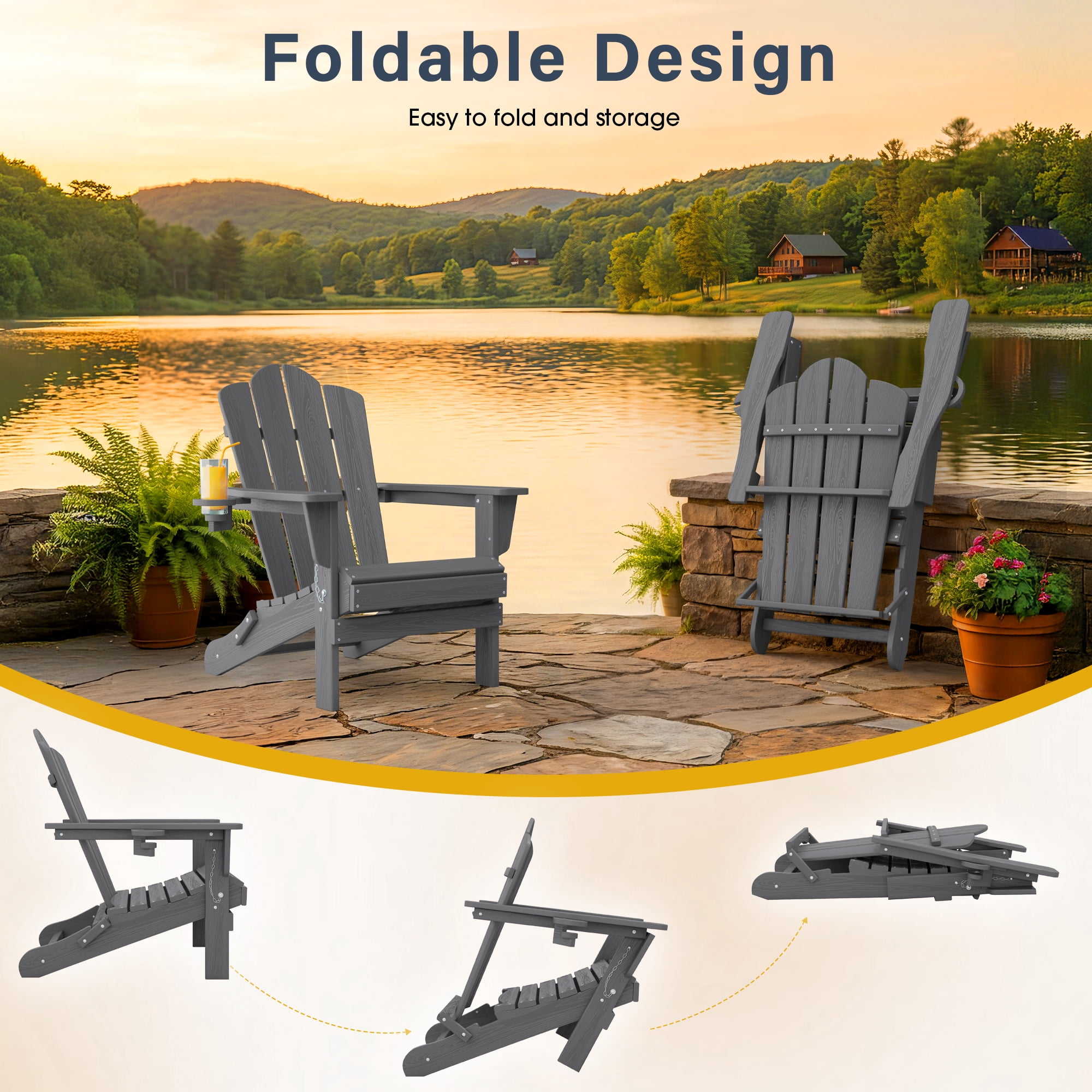 KINGYES Outdoor Folding Adirondack Chair, HDPE All-Weather Patio Fir Pit Chairs, Gray