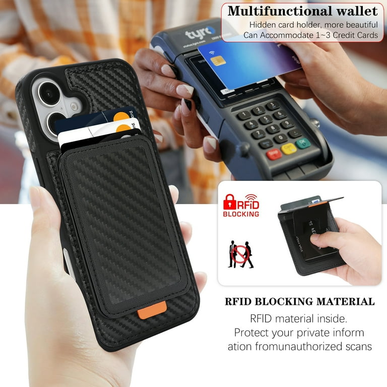 Allytechgroup Magentic Case for iPhone 16, Built-in Detachable Card Holder Rfid Blocking Stand Wallet Phone Case Shockproof Protective Back Cover for