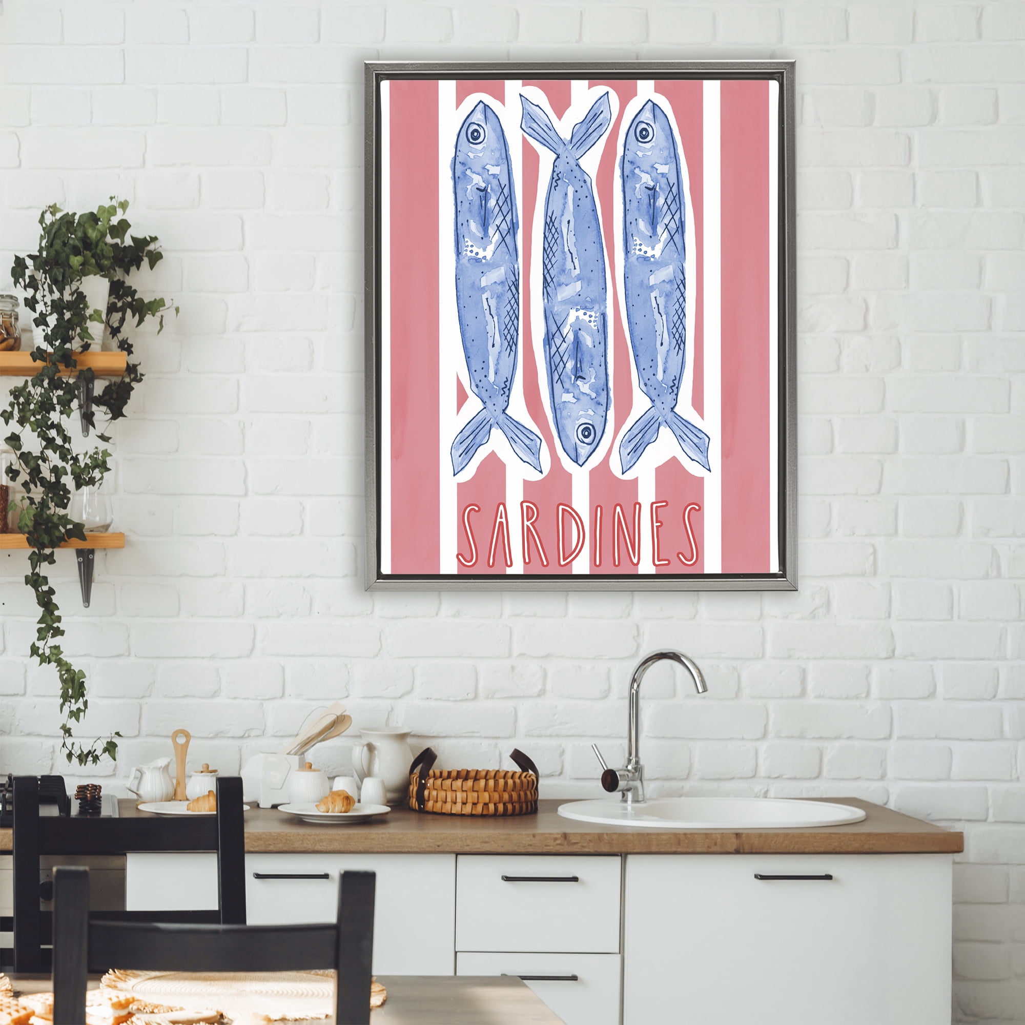 Stupell Industries Americana Sardines on Pink Stripes Gray Framed Floater Canvas Wall Art, design by Nola James