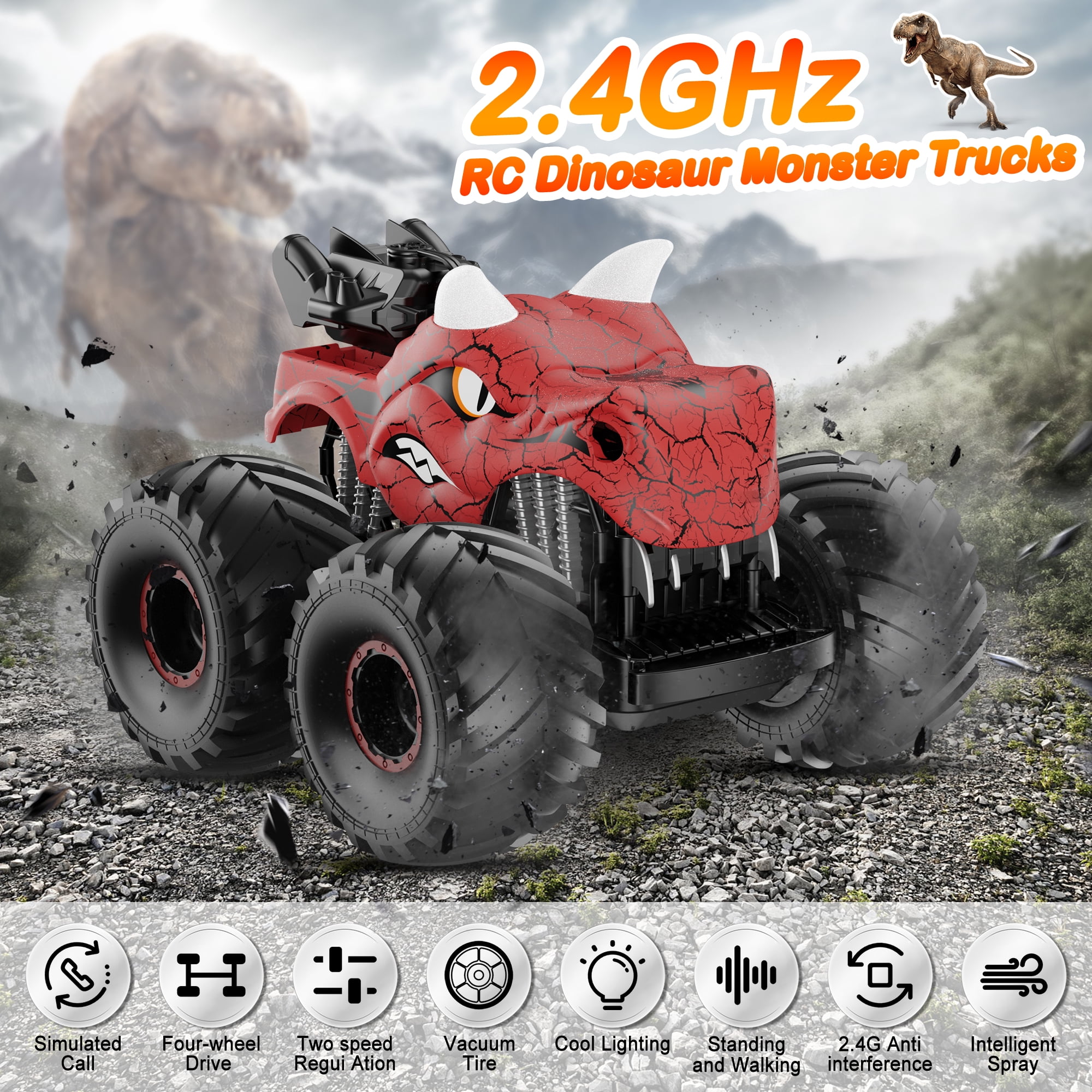 UUGEE Remote Control Car Toys, 2.4GHz RC Dinosaur Cars for Boys Girls Toddlers, 360° Rotating Monster Trucks with Light, Sound & Spray, Christmas Birthday Gifts for Kids 6 7 8