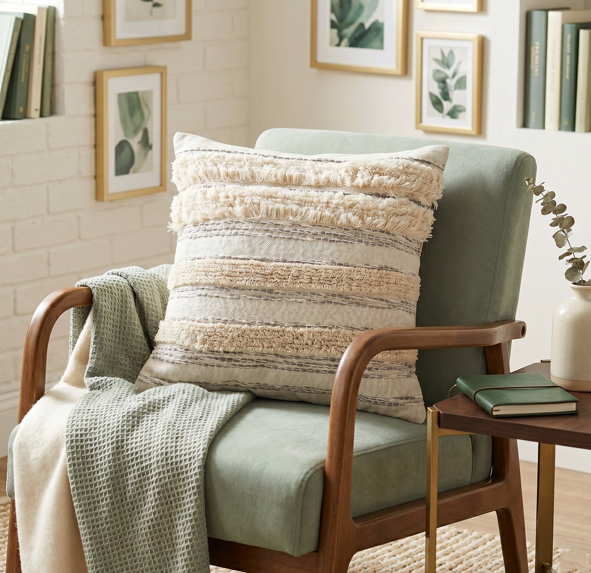 Ox Bay 20" x 20" Cream/Gray Shag Stripe Cotton Adult Decorative Throw Pillow Cover