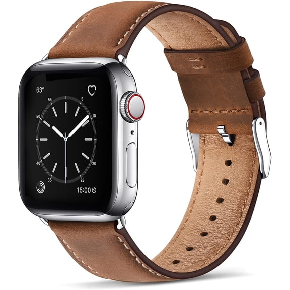EIKODO-Leather Bands Compatible with Apple Watch Band 41mm 40mm 38mm for Men Women, Top Grain Genuine Leather Replacement Strap for iWatch Ultra SE2 SE Series 8 7 6 5 4 3 2 1 (Red Brown/Silver)