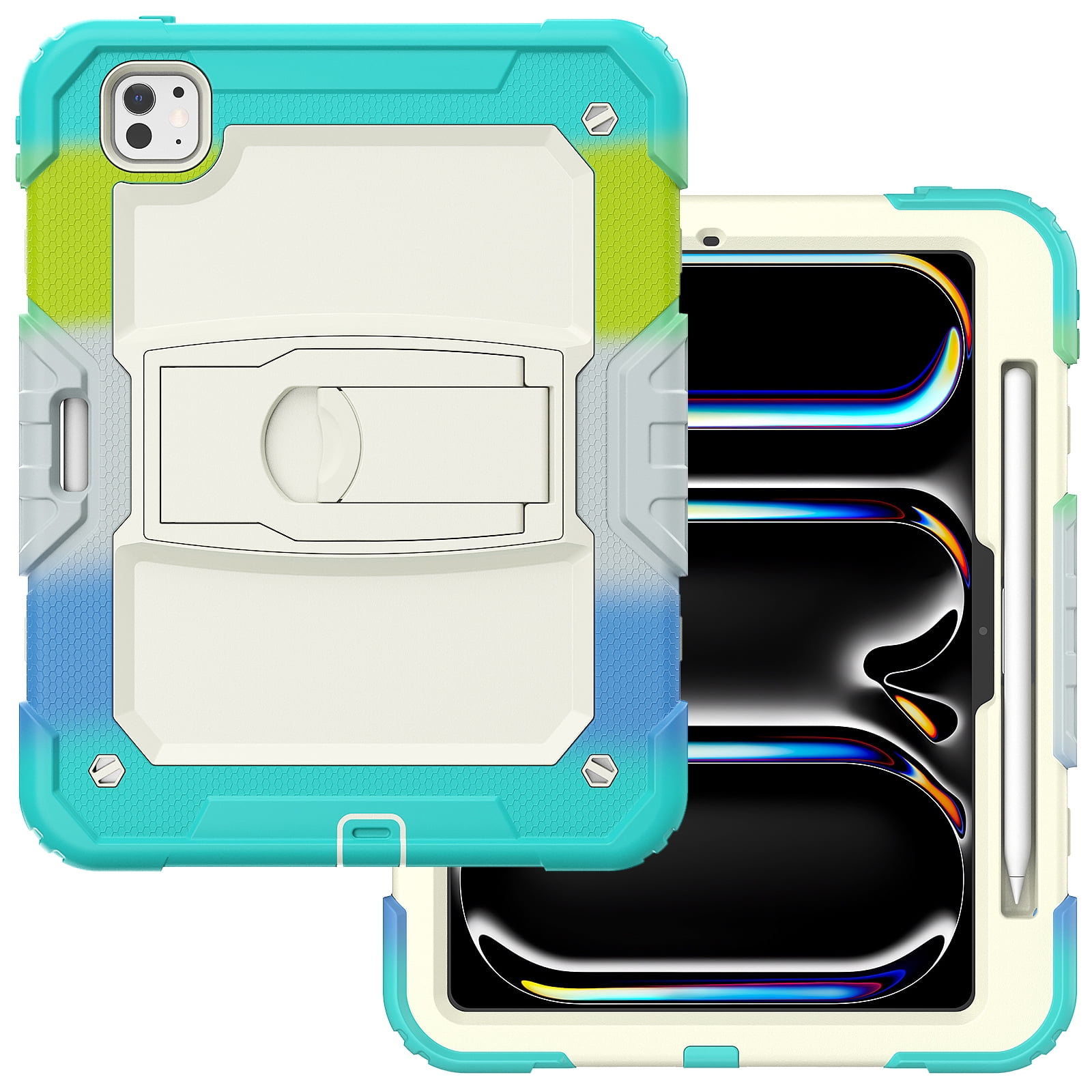Rugged Case For Apple iPad Pro 11 (2024) – 3-Layer Protection Shockproof Stand Cover with Screen Protector, Adjustable Stand, Shoulder Strap, & Pencil Holder -- Colorful Blue