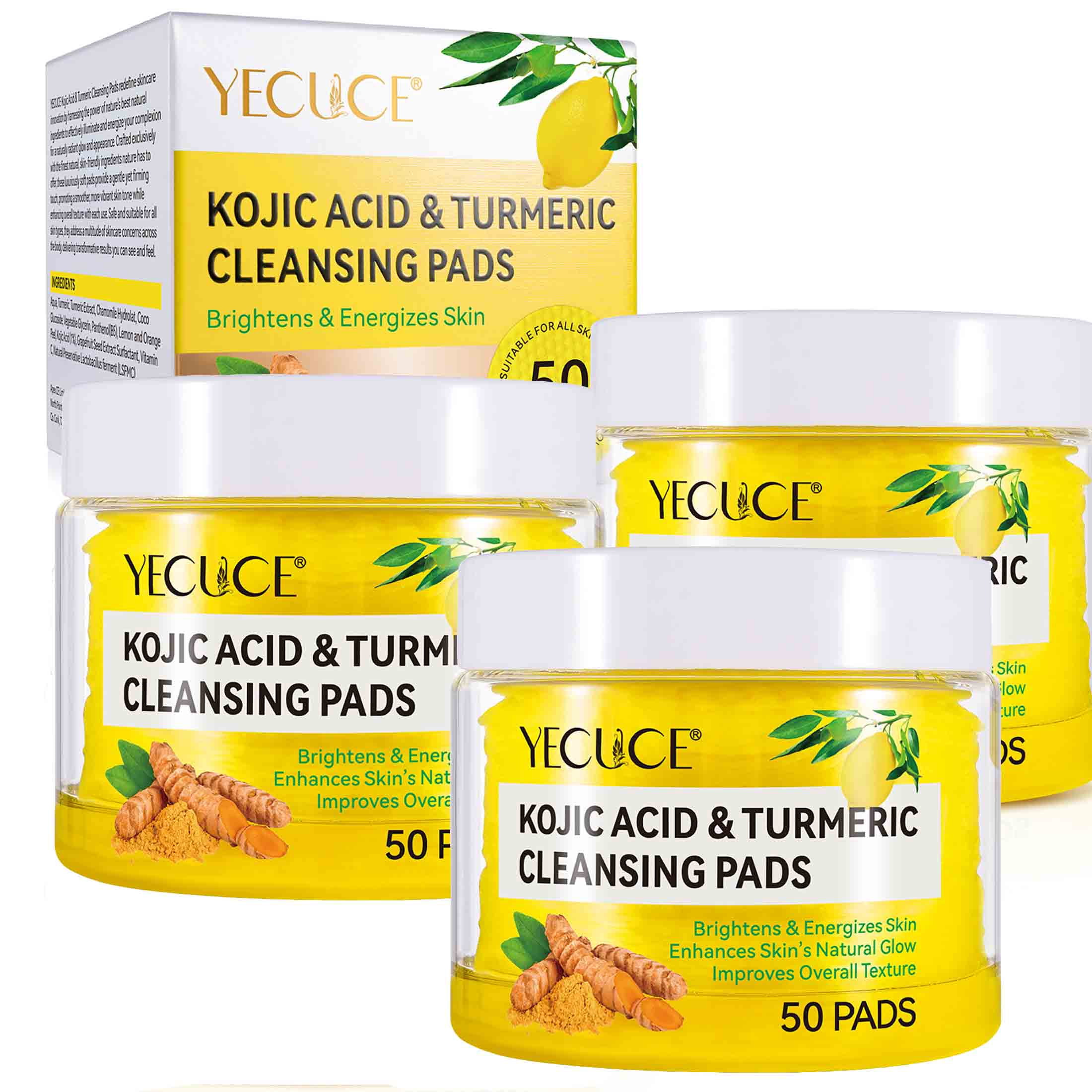 Yecuce 3-Pack Turmeric Kojic Acid Cleansing Pads -Cleansing & Hydrating Facial Pads, Facial Cleansing for All Skin Type