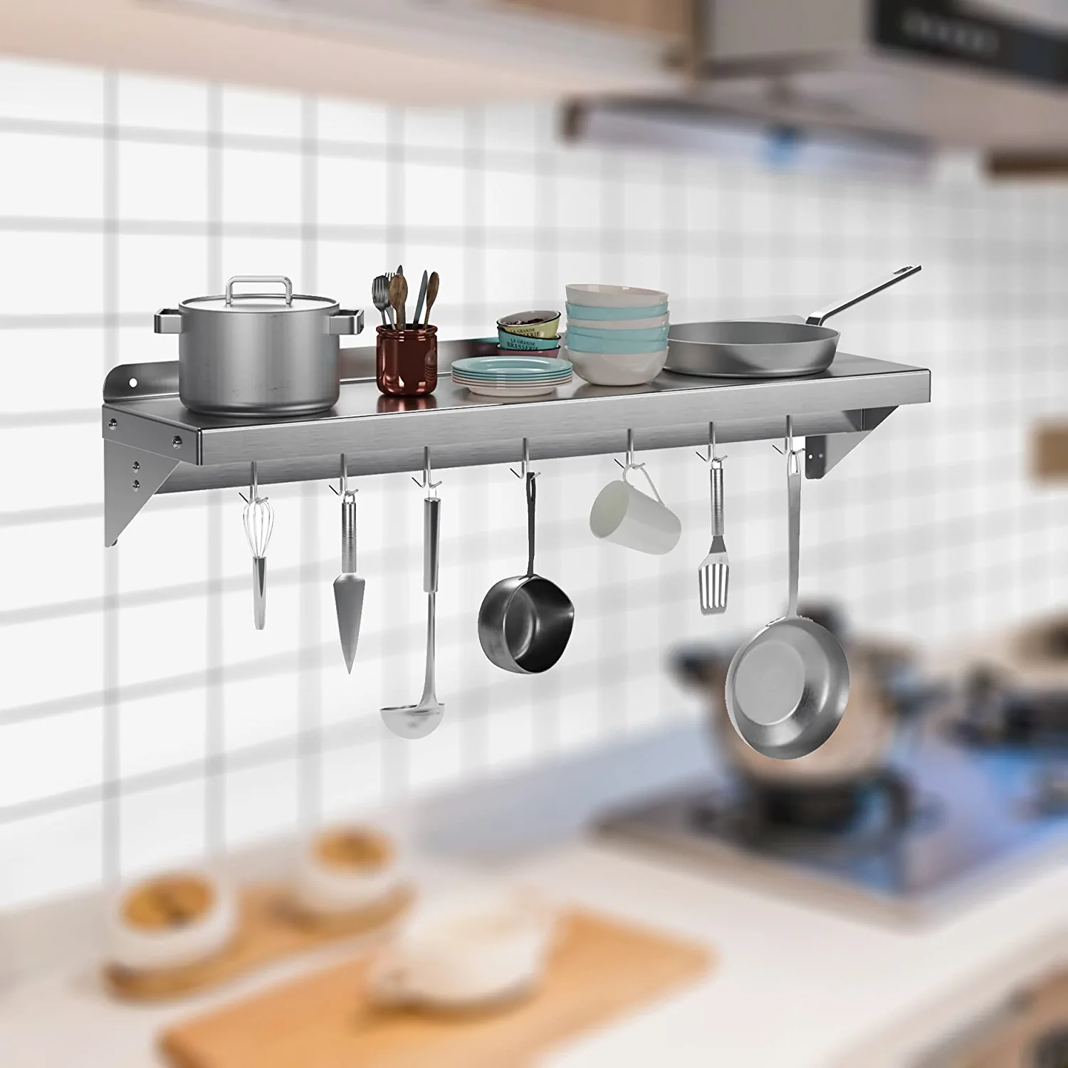Floating Chefs Rack Litake Stainless Steel Pot Rack with Shelf & 7pcs Hooks 12 x 60 Inches ...