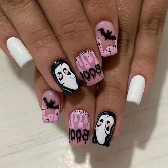 24Pcs Ghost Face Halloween Fake Nails, Ghostly Wind Pattern Short Wearable Nail Tips with Jelly Glue, Reusable Halloween Press On Nails for Women, DIY Festive Manicure Set for Halloween Party