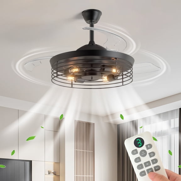 42 in. Indoor Black Retractable Blades Ceiling Fan Lighting with Remote Control