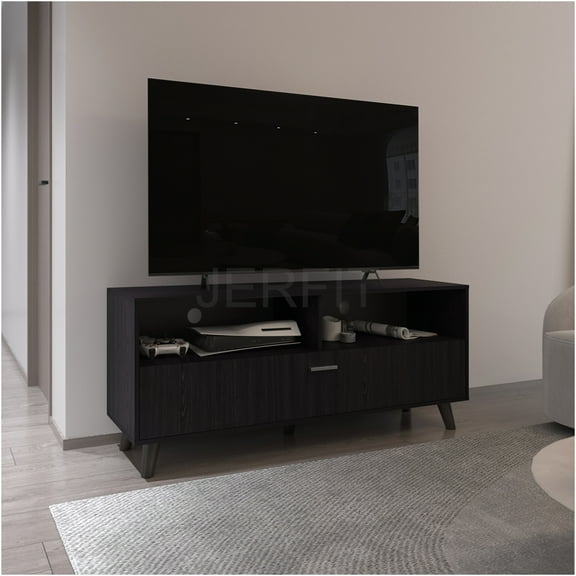 JERFIT 65 inch TV Stand with Storage, Modern Entertainment Center Console for Living Room, 2 Cabinets & Open Shelf, Black