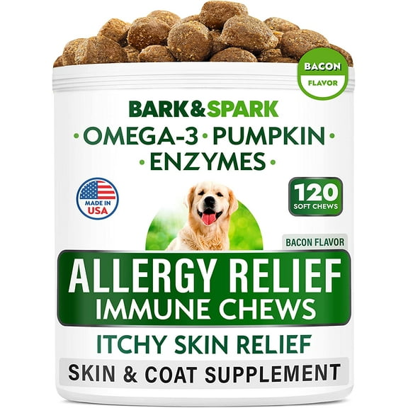 BARK&SPARK Premium Dog Allergy Relief Chews - Anti-Itch Skin & Coat Supplement - Omega 3 & Fish Oil - Itchy Skin Relief Treatment Pills - Itching & Paw Licking - Dry Skin&Hot Spots - 120 Count -Bacon