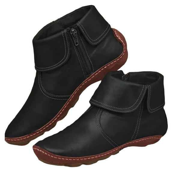 Mepaouo Ankle Boots for Women No Heel Arch Support Booties Side Zipper Vintage Slip on Flat Walking Shoes Black 6.5
