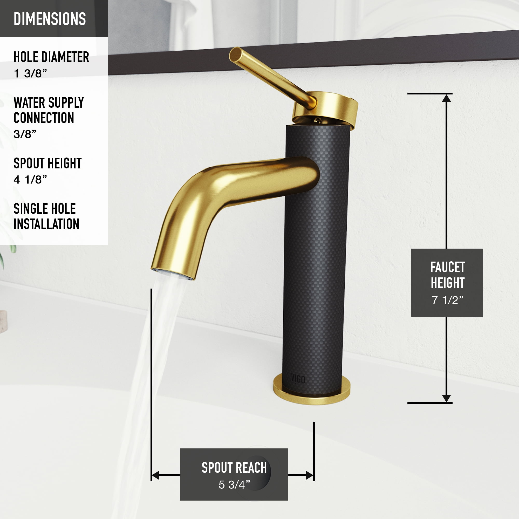 VIGO Madison Single Handle Single-Hole Bathroom Faucet in Matte Gold and Carbon Fiber