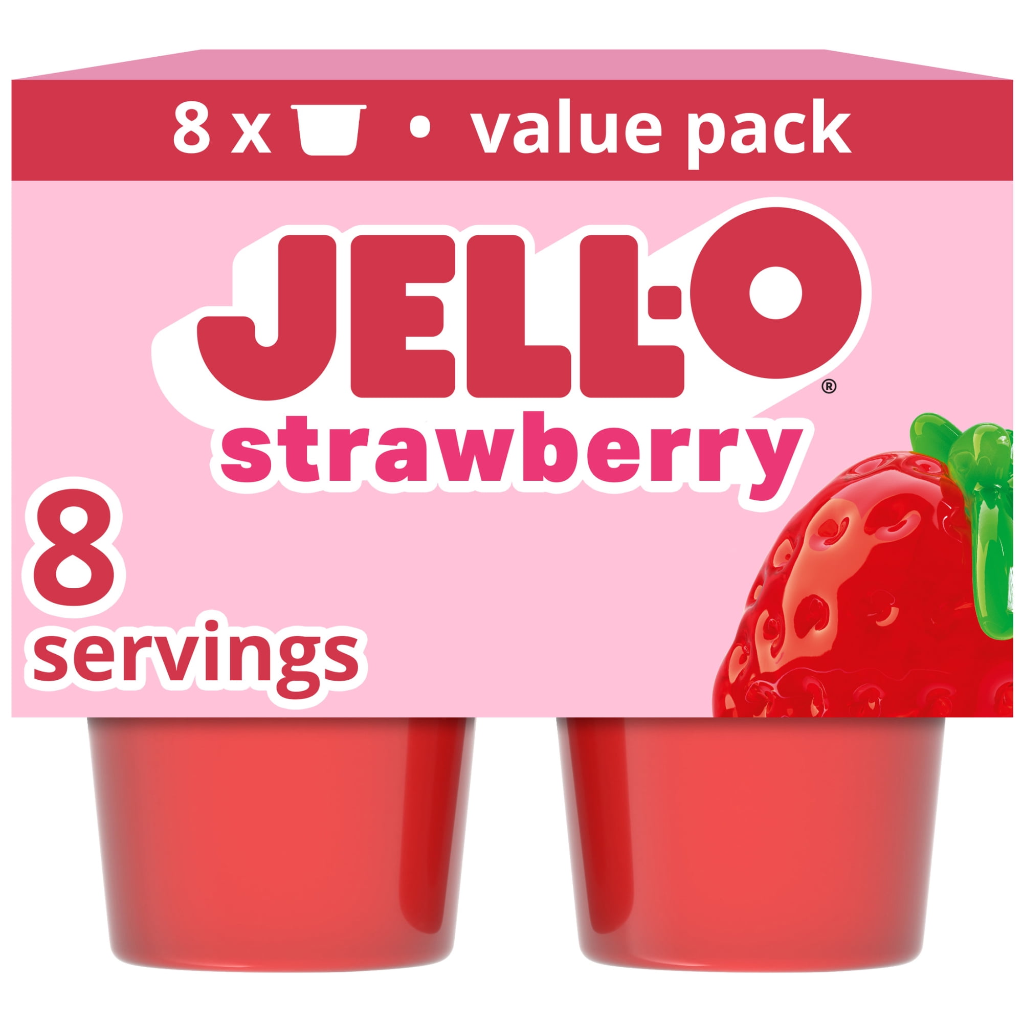 Jell-O Original Strawberry Artificially Flavored Ready-to-Eat Snack Cups Gelatin Value Pack, 8 Count Cups