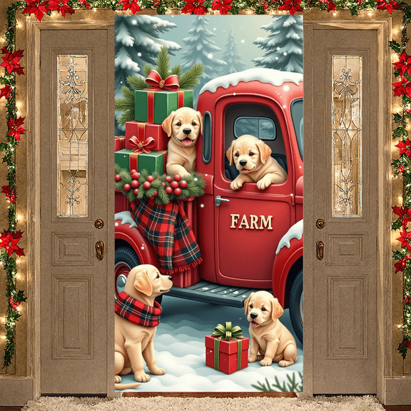 Farm Christmas Banner Golden Retriever Puppies Holiday Truck Decoration Festive Gift Display for Winter Celebration Home Party Decor
