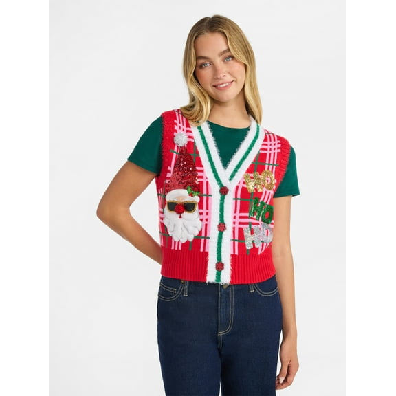 No Boundaries V-Neck Button Front Christmas Vest, Women’s