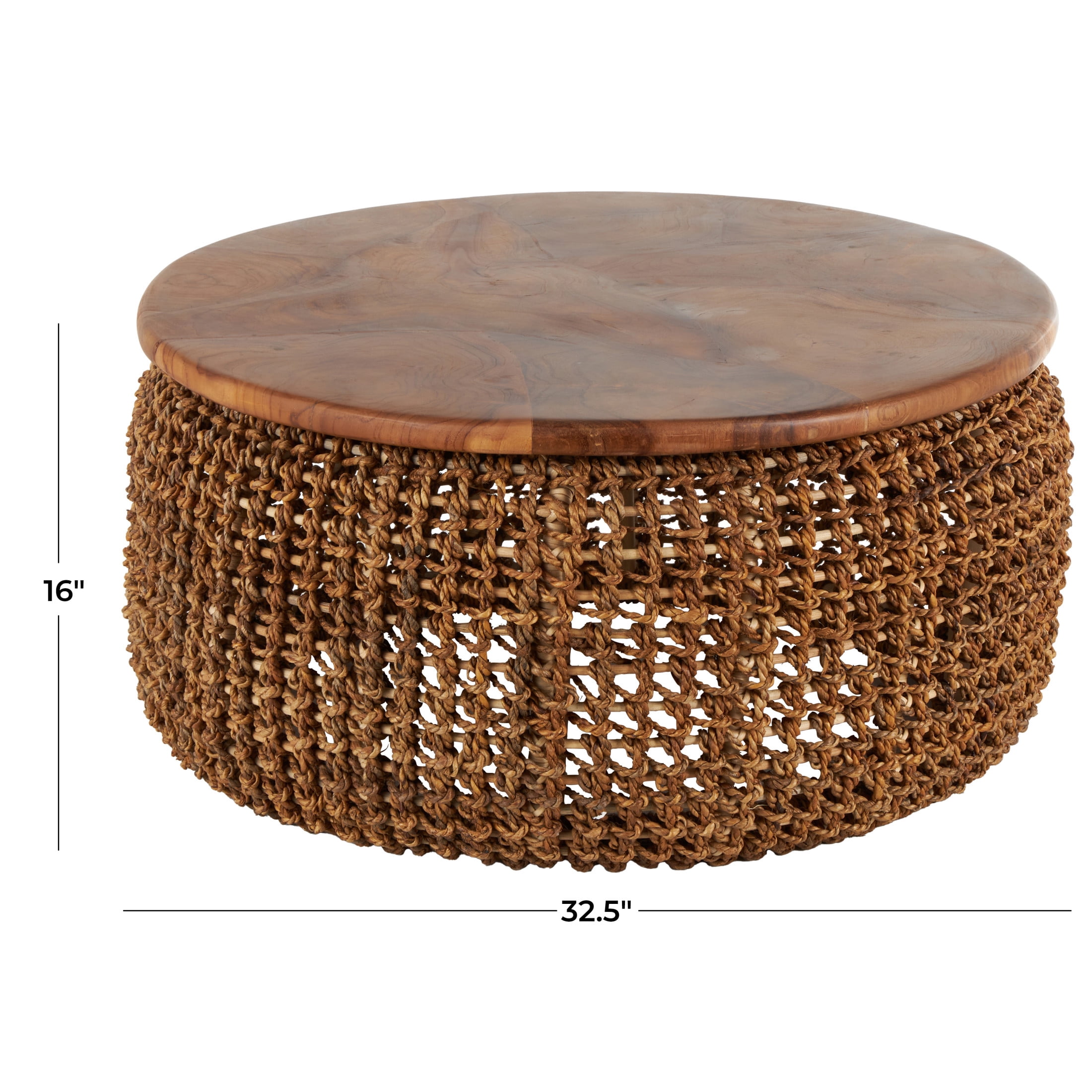 DecMode 33" x 16" Brown Rattan Woven Coffee Table with Teak Tabletop, 1-Piece