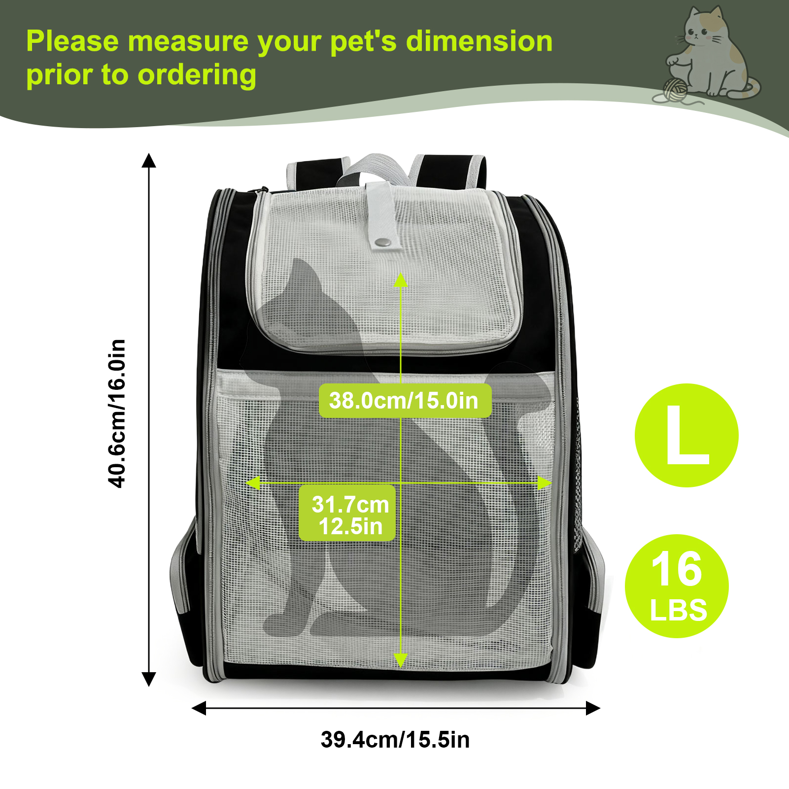 Breathable Cat Backpack Carrier, Fully Ventilation Rear Expandable Pet Carry Bag for 16 lbs Small Puppy Rabbit Bunny, Collapsible Airline Approved Kitten Travel Carrier Cage for Vet Visit