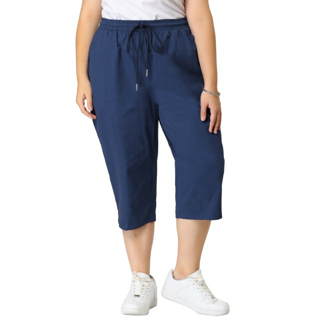 Women's Plus Size Trousers Casual Drawstring Waist Slash Pockets Capri Pants Navy 3X