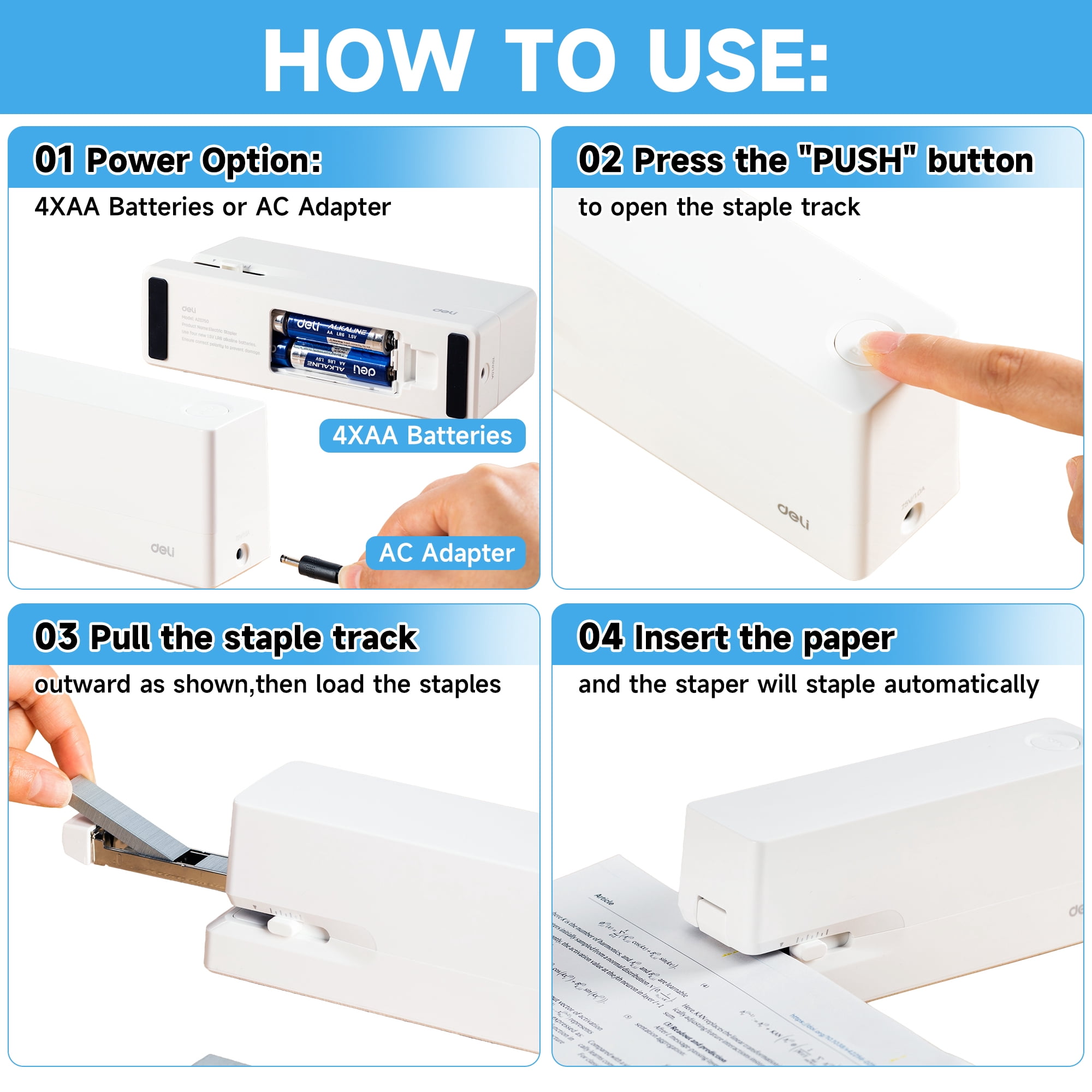 Deli 25-Sheet Electric Stapler with 2000 Staples & Staple Remover, AC or Battery Powered Staplers for Home Office, White