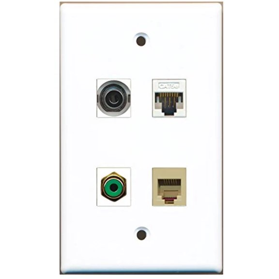 RiteAV - 1 Port RCA Green 1 Port Phone RJ11 RJ12 Beige 1 Port 3.5mm 1 Port Cat5e Ethernet White Wall Plate