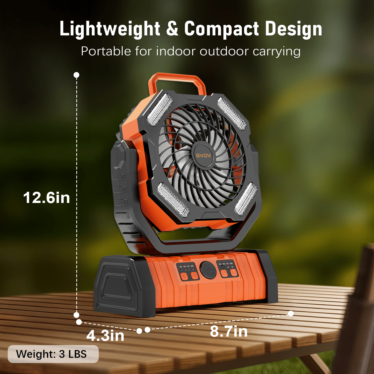 GVDV Camping Fan, Upgraded 30000mAh Portable Battery Operated Outdoor Fan with LED Lights & Remote Control, Personal Rechargeable Desk Fan for Travel, Hiking, Fishing, Picnic, Orange