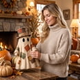 thumbnail image 7 of Vintage Halloween Ghost Decoration with Pumpkin Bucket - ic Patchwork Standing Ghost Figurine with Top Hat, Primitive Fabric Ghost for Tabletop, Mantel, Indoor Home Halloween Fall Decor A, 7 of 7