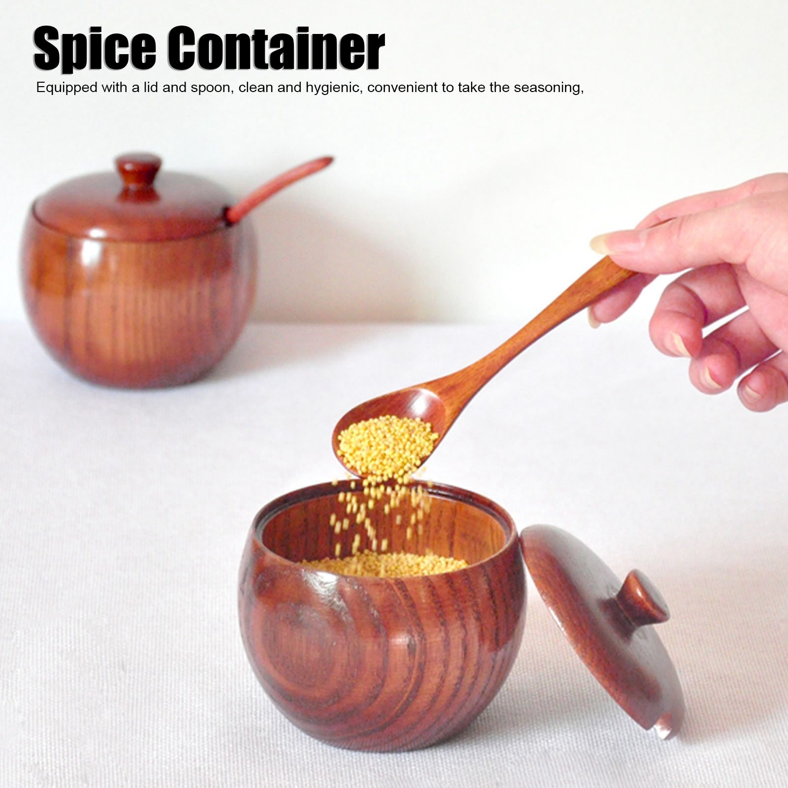 2 Pots à Sel Et Poivre En Bois De Jujubier – Style Rétro Avec Couvercle Et Cuillère, Pour épices, Sucre, Tahini…