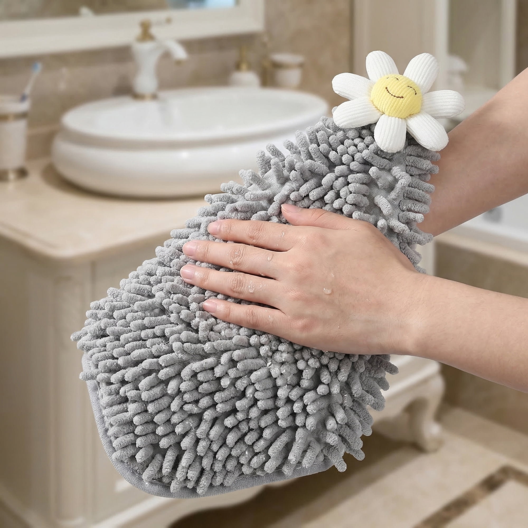 Unique Bargains Soft Absorbent Quick Dry Cute Flower Chenille Hand Towels Grey 12" x 12"