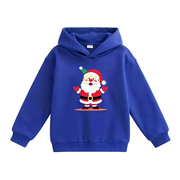 Tfken Hoodies For Boys Christmas Santa Claus Print Hooded Tops Relaxed Fleece Long Sleeve Blue Sweatshirt Size 6-7 Years