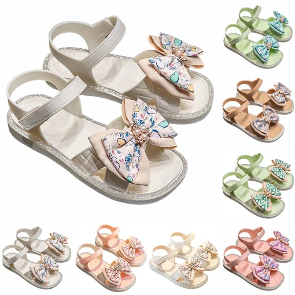 SGMVNU Girls' Sandals with Big Bowknot, Open Toe Soft Sole Flat Elegant Flower Girl Dress Shoes Beach Summer Casual Sandal, Size 9-10 Years, Beige
