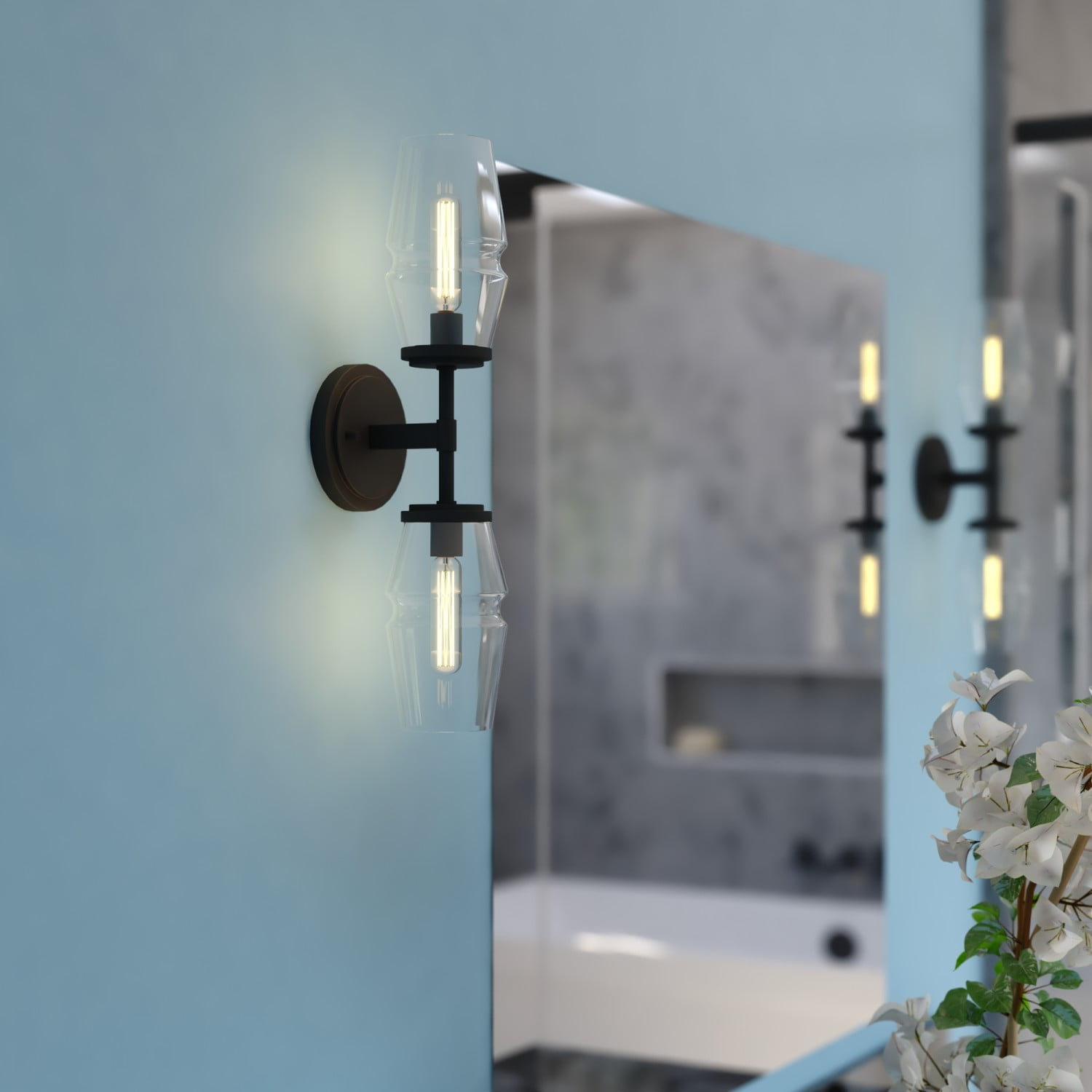 Warren 2-Light 4.75 in. Wide Matte Black Mid-Century Modern Wall Sconce with Clear Glass Shade, Dimmable, LED Compatible, Metal Bathroom Vanity Lighting Fixture, Vertical or Horizontal Mount Bath Bar