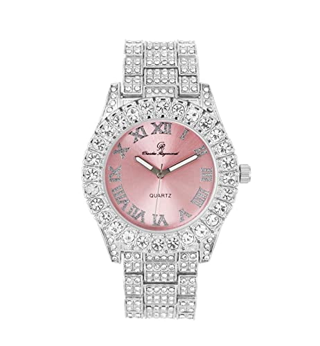 Charles Raymond Women's Big Rocks Bezel Colored Dial with Roman Numerals Fully Iced Out Watch - ST10327LA (ST10327LA SLV Pnk# - Pnk-TB)