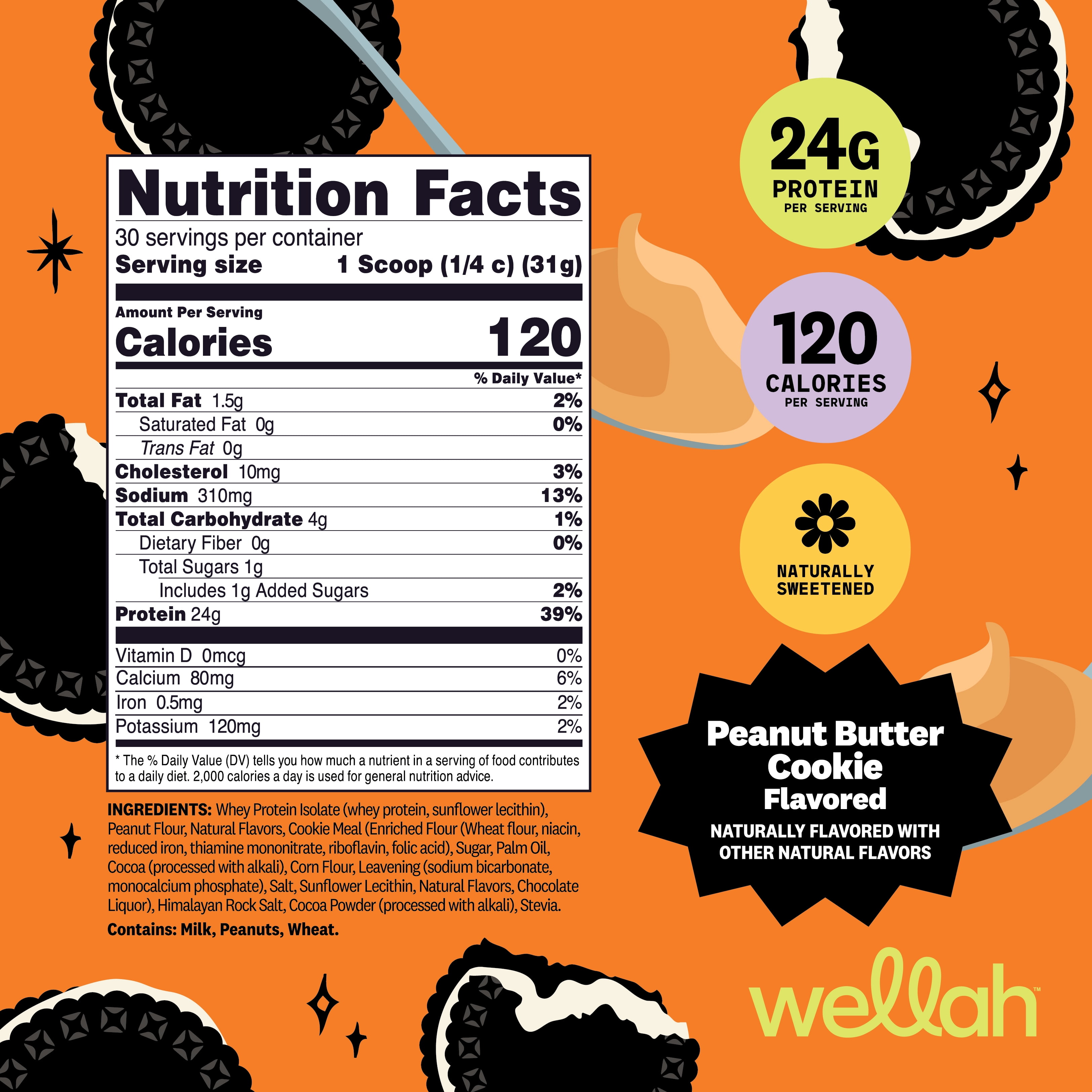 Wellah Grass-Fed Whey Protein Isolate Powder (Peanut Butter Cookie) 30 Servings - 24g of Protein, 120 Calories Per Serving, Naturally Sweetened