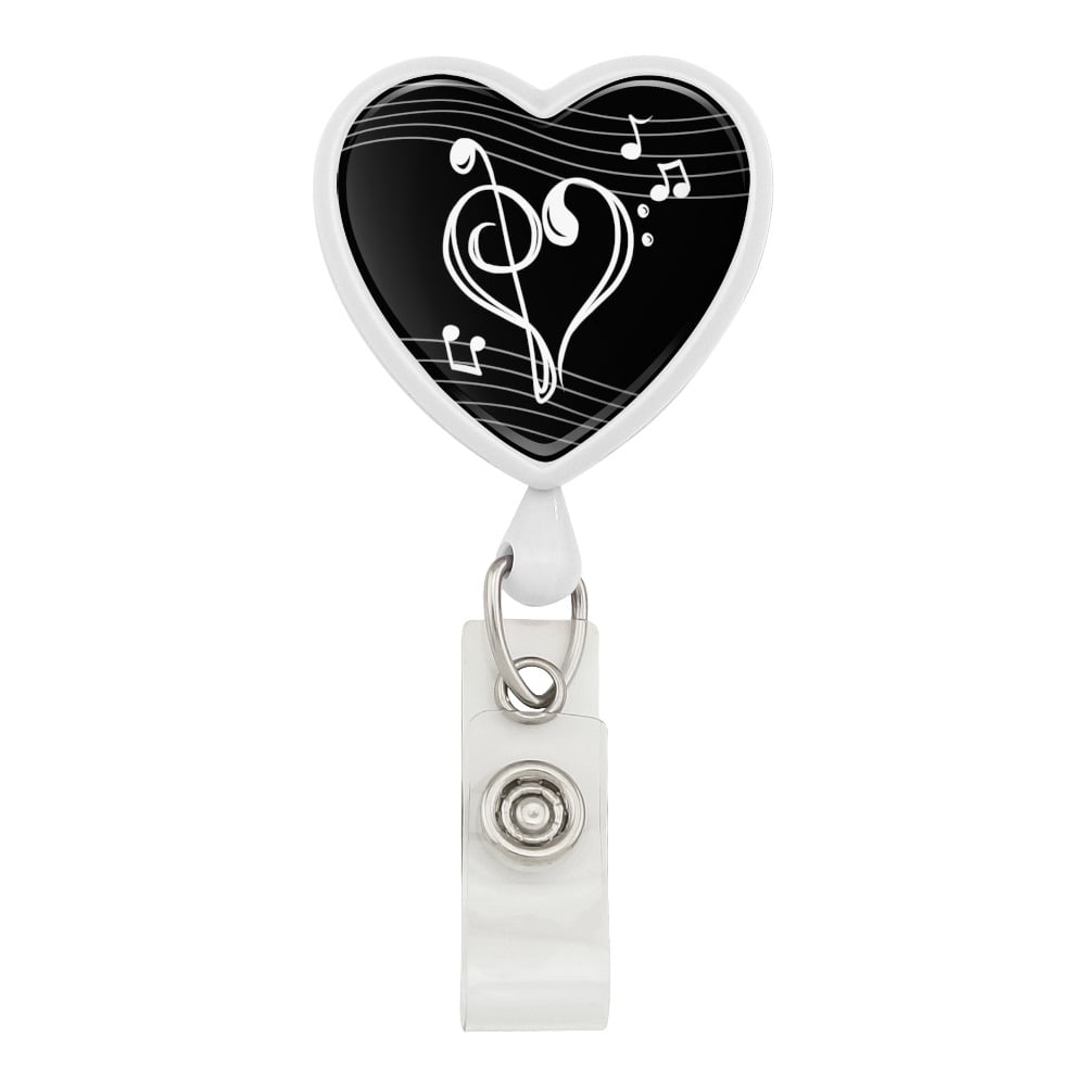 Treble Bass Clef Heart Music Black Heart Lanyard Retractable Reel Badge ID  Card Holder