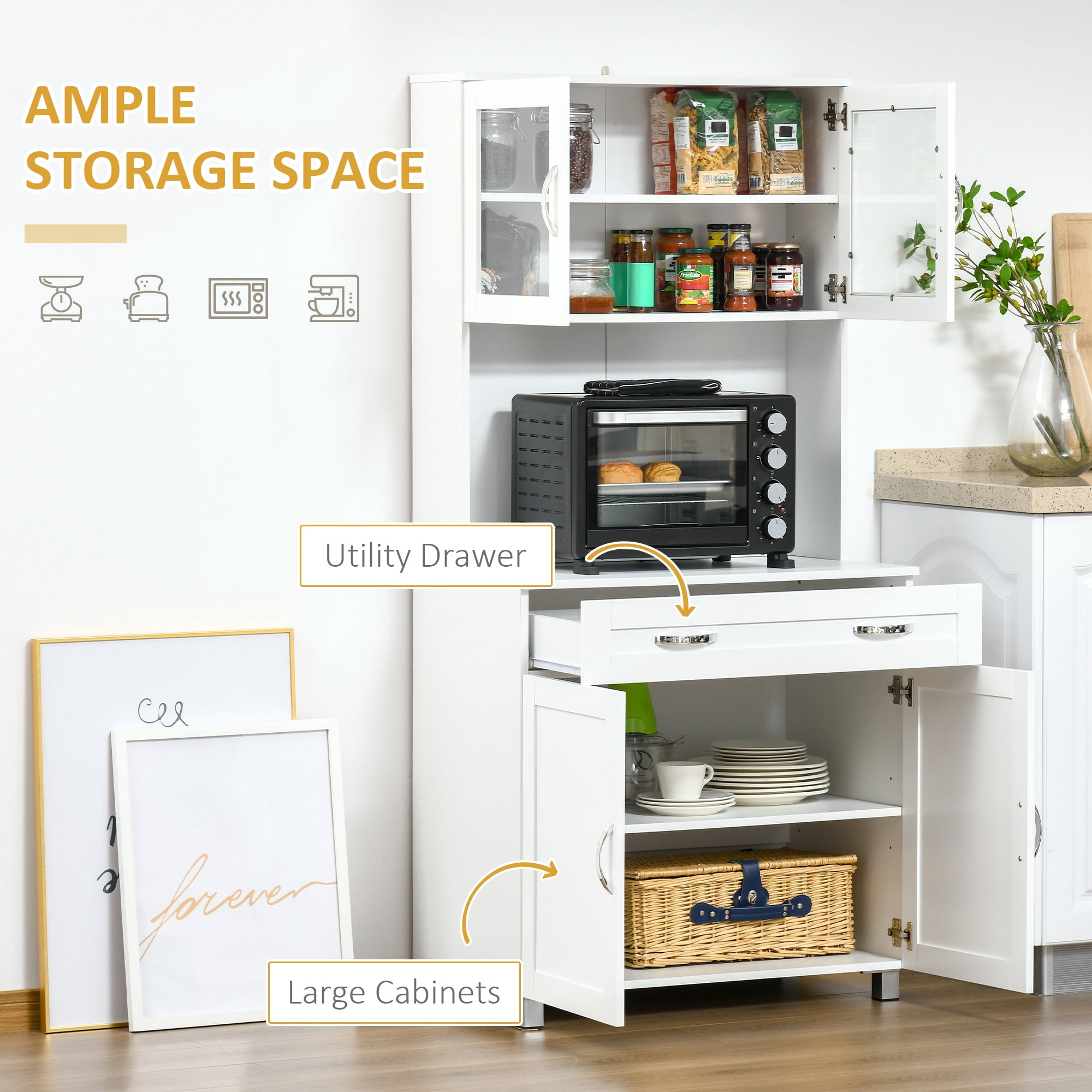 HOMCOM 67" Pantry Cabinet, Modern Kitchen Hutch, Freestanding Storage Cabinet with Glass Doors, Adjustable Shelves and Drawers, White