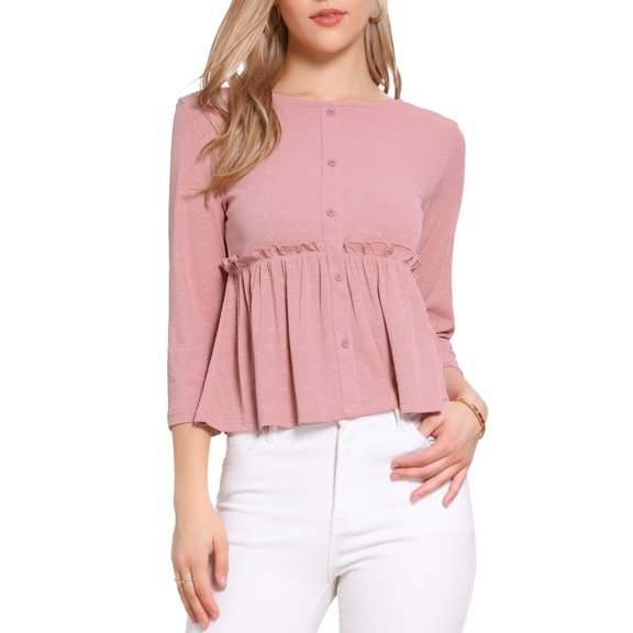 DARING DIVA Women's Peplum Crew Neck 3/4 Sleeve Ruffle Pullover Blouses XS Pink