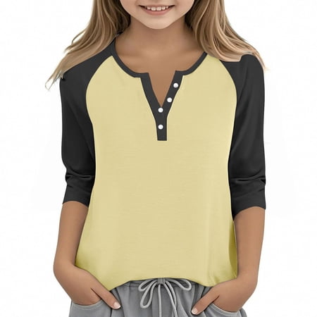 longantii 3/4 Length Sleeve Girls Tops Cotton Dressy Button V Neck Henley Shirt Casual Raglan Shirts Solid Color Tunic Blouses 6-7 Years Beige