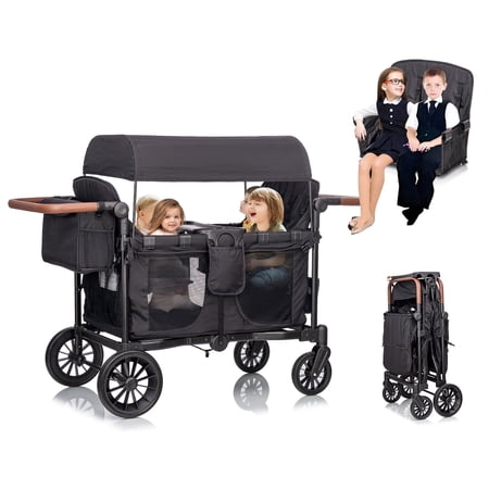 4 Kids Wagon Stroller Push-Pull - Lightweight Travel Fold Tandem Trolley with 5-Point Harness,Adjustable Canopy&Handle,Snack Tray,Storage,Mom Bag,All-Terrain Wheels for Beach Travel Camping Shopping