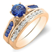 1.00 Carat (ctw) 10k Rose Gold Round Blue Sapphire & White Diamond Ladies Bridal Engagement Ring Set With Matching Band