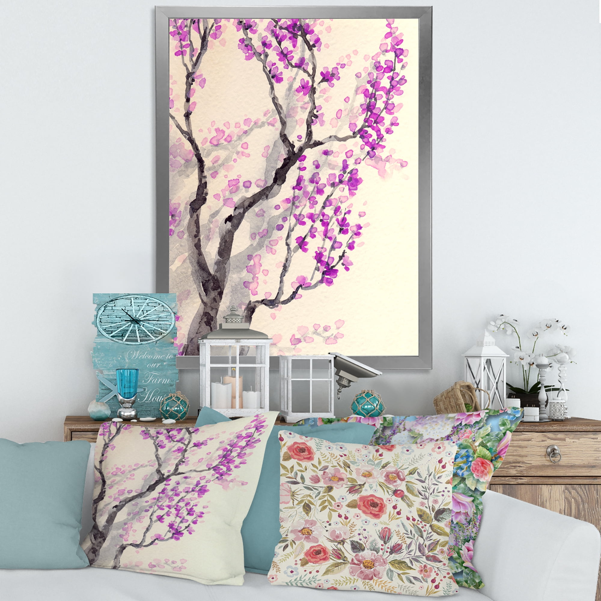 Abstract Spring Purple Flowers On Tree Branches 24 in x 32 in Framed Painting Canvas Art Print, by Designart