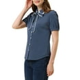 thumbnail image 4 of INSPIRE CHIC Women's Contrast Peter Pan Collar Shirt Puff Sleeve Button Up Tie Neck Blouse L Blue Gray, 4 of 6