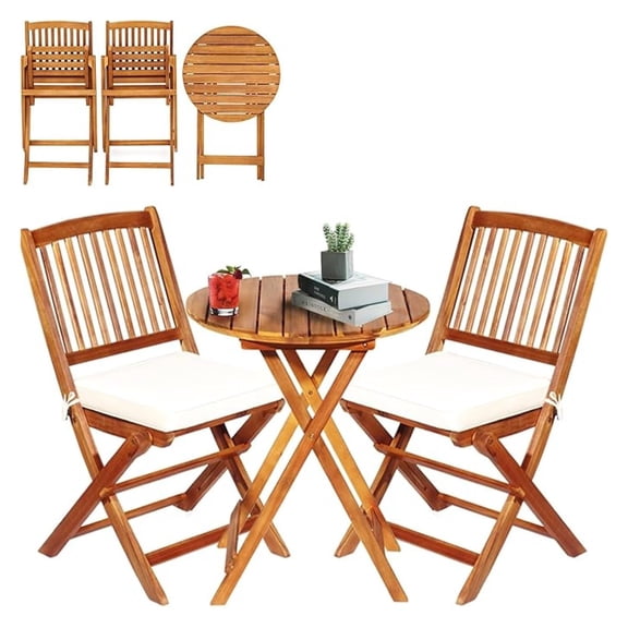 Bistro Table and Chairs Set of 2, Wood Folding Bistro Set for 2 with Detachable Soft Cushions, 3PC Outdoor Wood Bistro Set for Patio, Balcony, Garden & Yard (Natural Color)