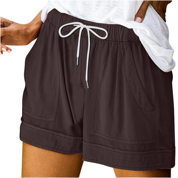 IROINNID Deals Shorts for Women Solid Loose Pockets Drawstring Short Pants,Coffee