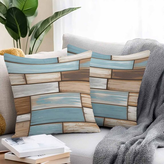 Throw Pillow Covers 24x24 Inch Set of 2, Blue Beige Brown Vintage Waterproof Outdoor Pillow Covers, Retro Farmhouse Elegant Pastoral Decorative Cushion Pillowcases for Couch, Sofa, Bed, Garden, Patio
