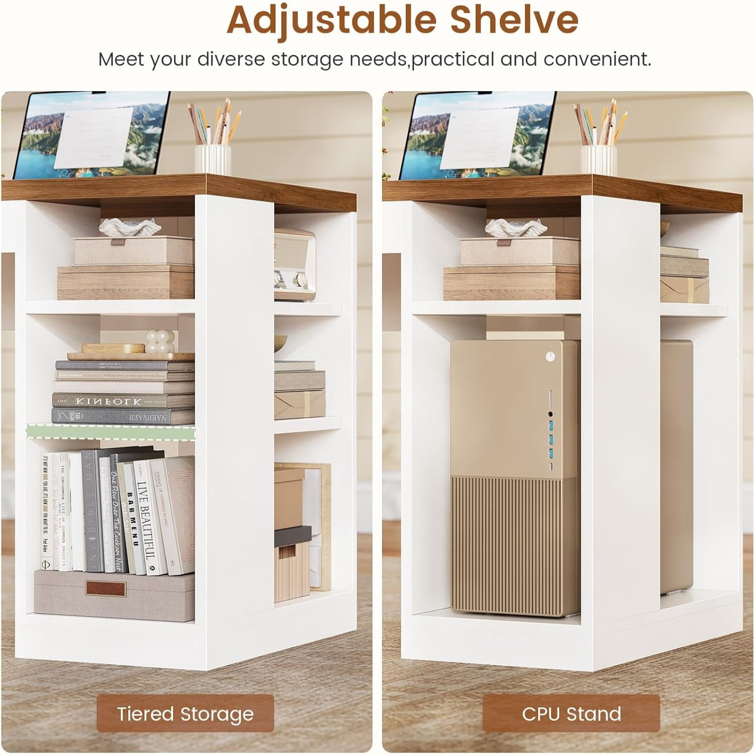 SEDETA L Shaped Desk with 2 Drawers, 65"x 59" Large Home Office Desk with Lockable File Drawer & Power Strip, Corner Desk with Storage & LED Strip, White + Brown