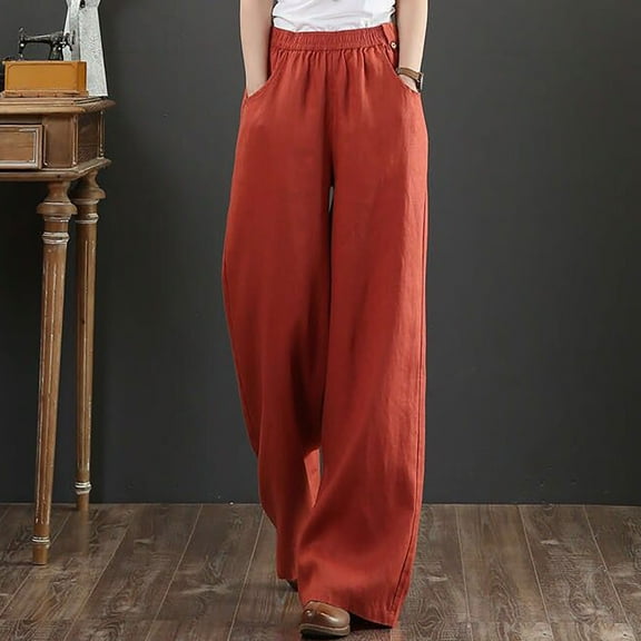 ClodeEU Women's Linen Blend Drawstring Wide Leg Pants ,Straight Fit Casual Trousers with Pockets Red,Womens Plus XL